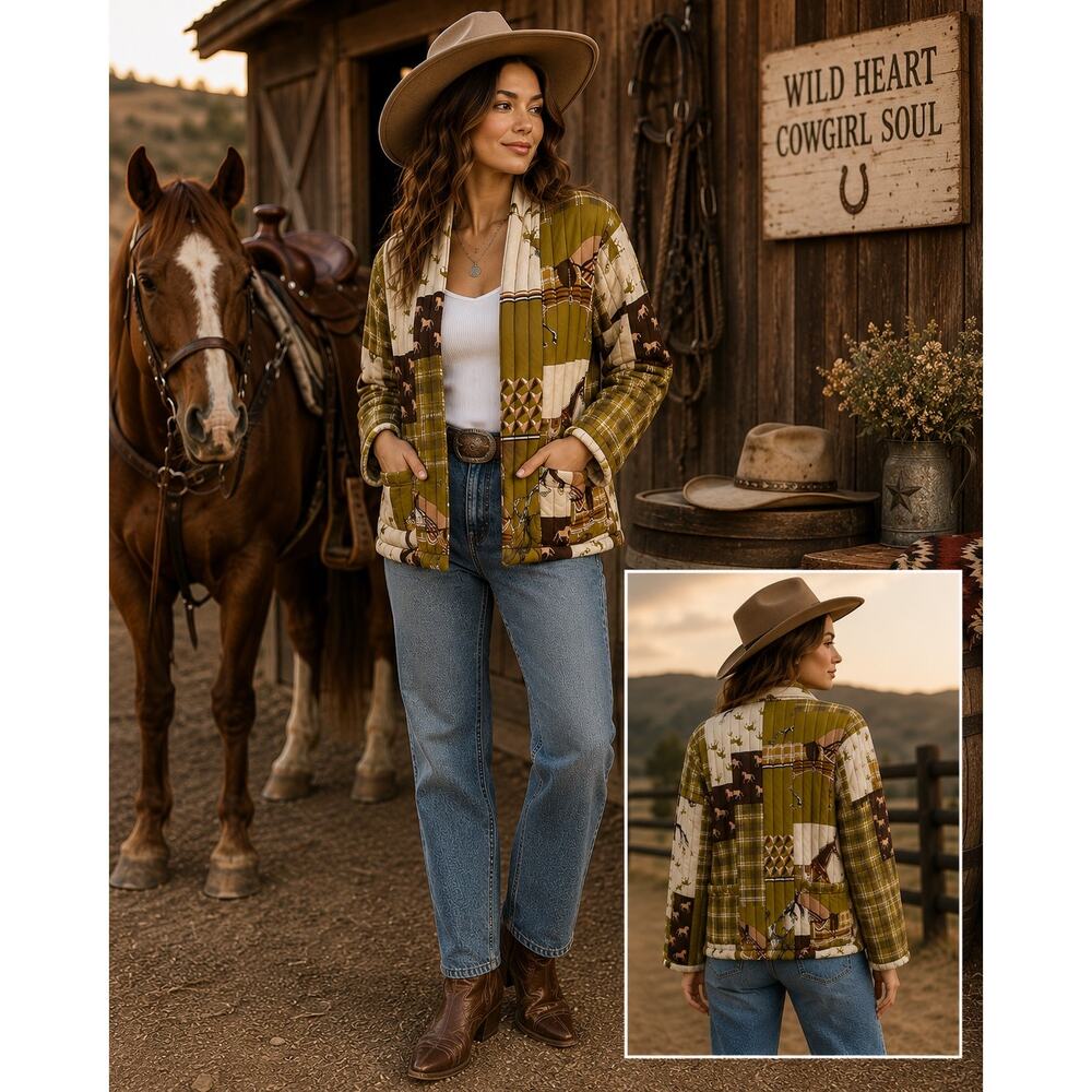Cecile Wang Quilted Horse Print Open Front Kimono Jacket One Size Country Chic